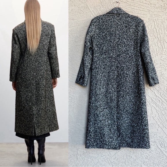 MANGO Black Marbled Textured Full Length Coat Double Breasted Wool Trench Coat S - Picture 6 of 16